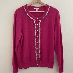 Charter Club Cotton Embellished Rhinestone Pearl Cardigan Hot Pink Retro Size XL